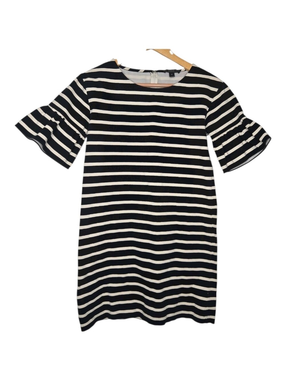J Crew Womens Black White Striped Cotton Ruffle Bell Half Sleeve Dress Size XS - Picture 2 of 8